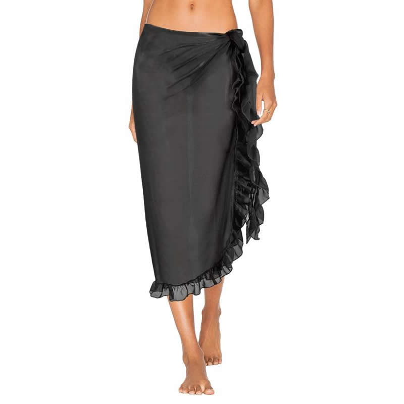 Sugetu Sarong Swim Cover up for Women Long Chiffon Skirt Sexy Swimwear Frill Bikini Wrap Bathing Suit Cover, Black